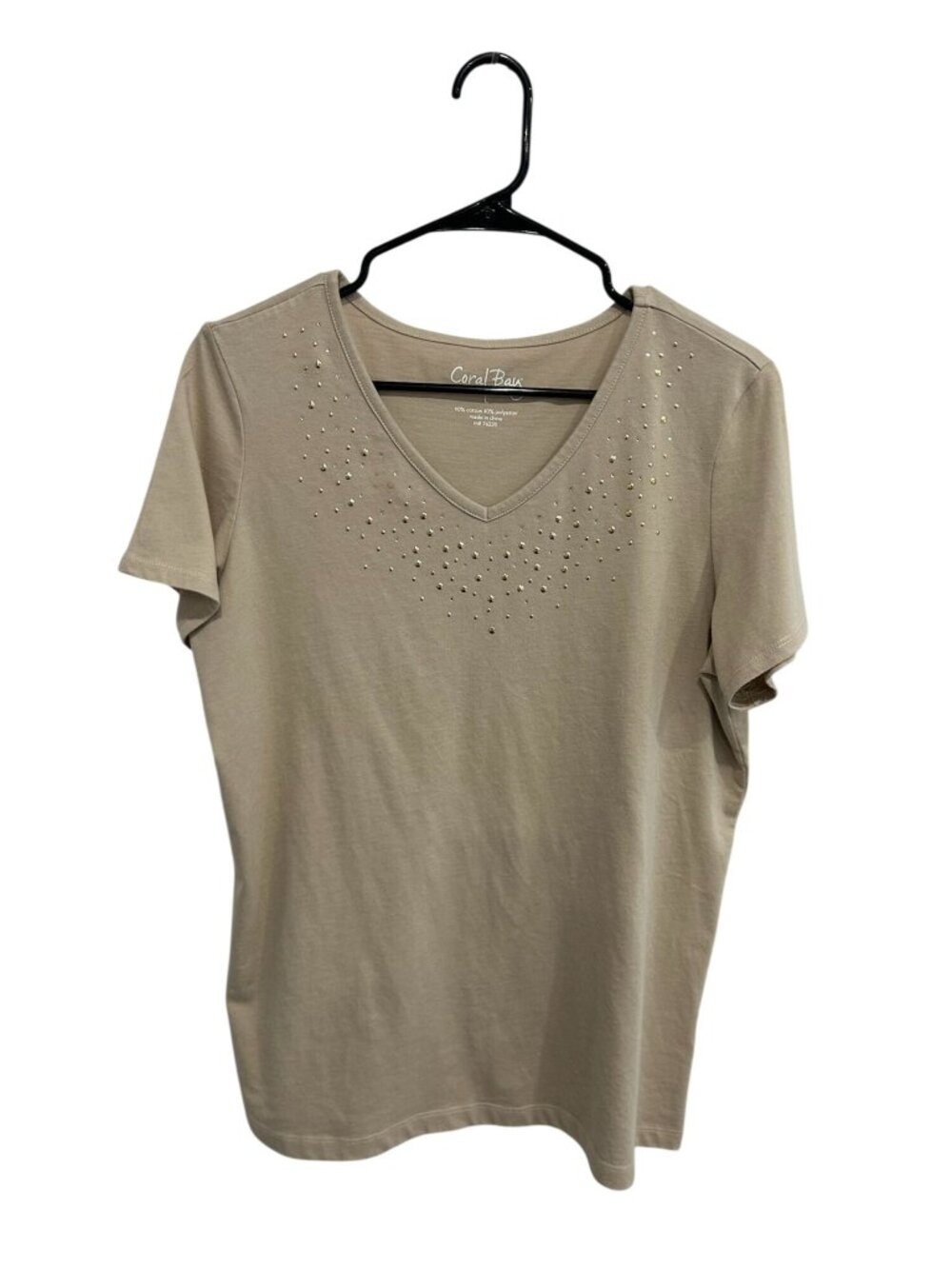 Coral Bay Large Beige V-neck T-shirt Gold Embellishments Cotton Boho Minimalist